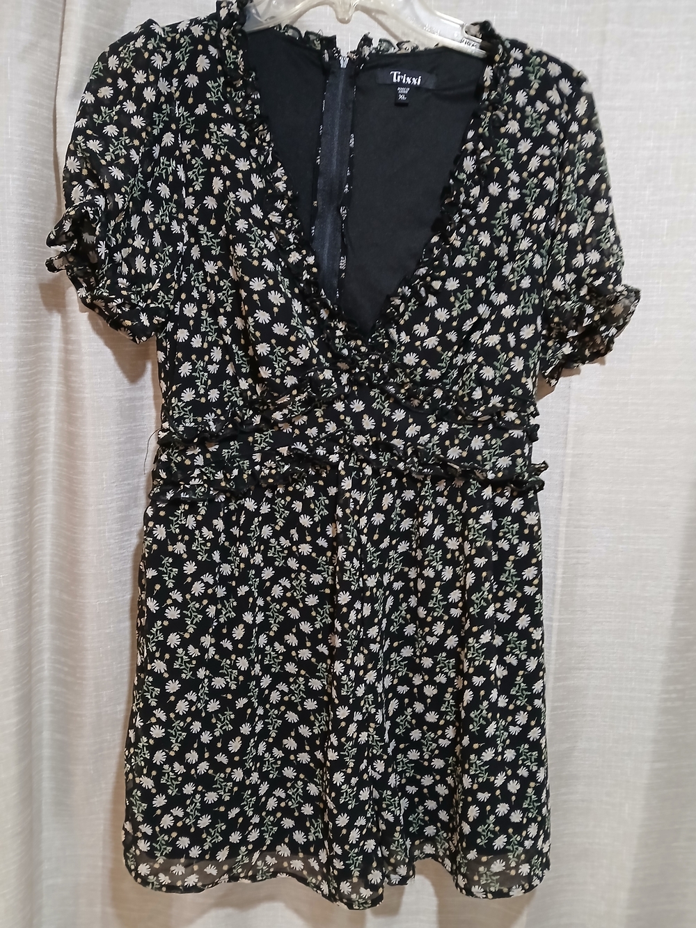 Trixxi Black Floral V-Neck Romper with  Little Daisys And Ruffle Trim